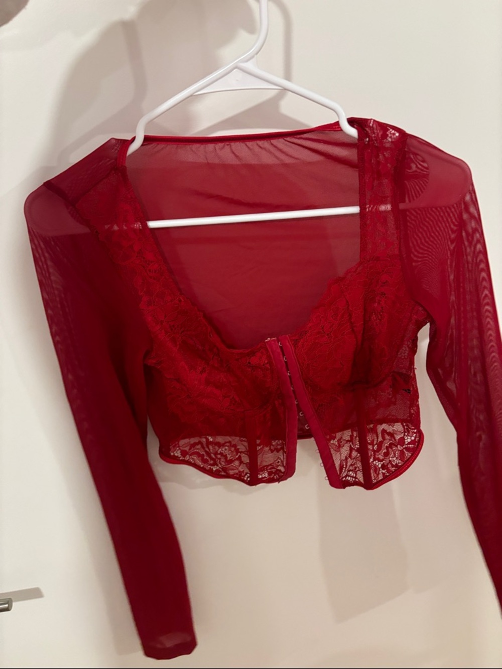 Sheer Lace Long-Sleeve Crop Top - Red